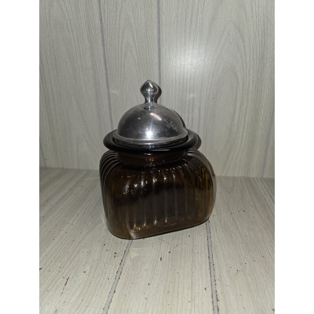 Vintage Artland Ribbed Glass Canister Jar 10” Amber Brown Pewter Lid Apothecary